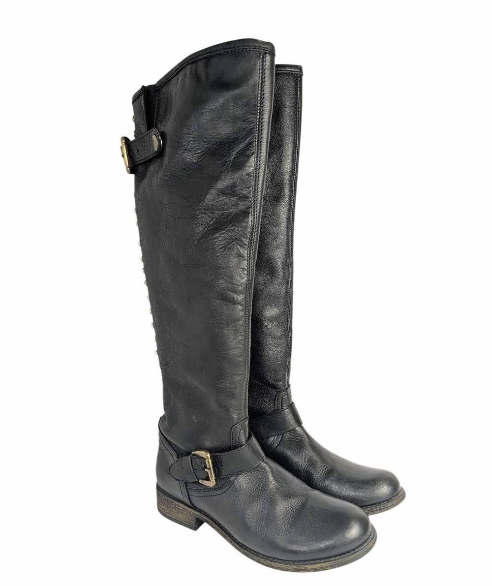 Steve Madden Lynet Black leather studded buckles knee high boots womens 7.5